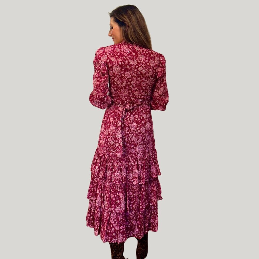 Renata Gasparian Wellesley Belted CC-Collar Dress — Green Multi Print, Size M - Picture 7 of 8